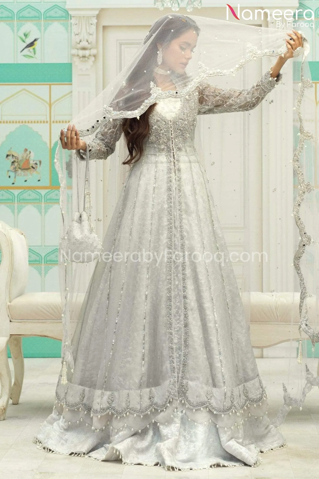 Silver Bridal Dress Pakistani in Lehenga Gown #BS540