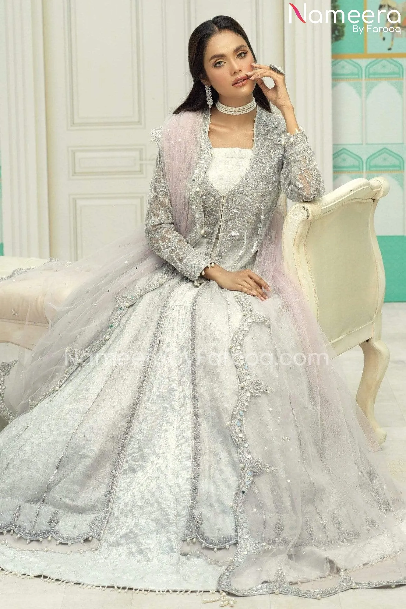 Silver Bridal Dress Pakistani in Lehenga Gown #BS540