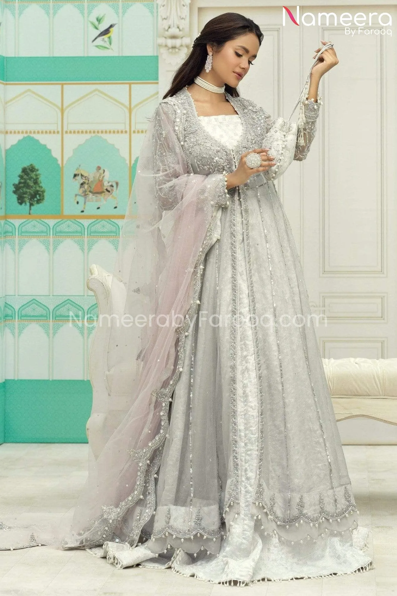 Silver Bridal Dress Pakistani in Lehenga Gown #BS540