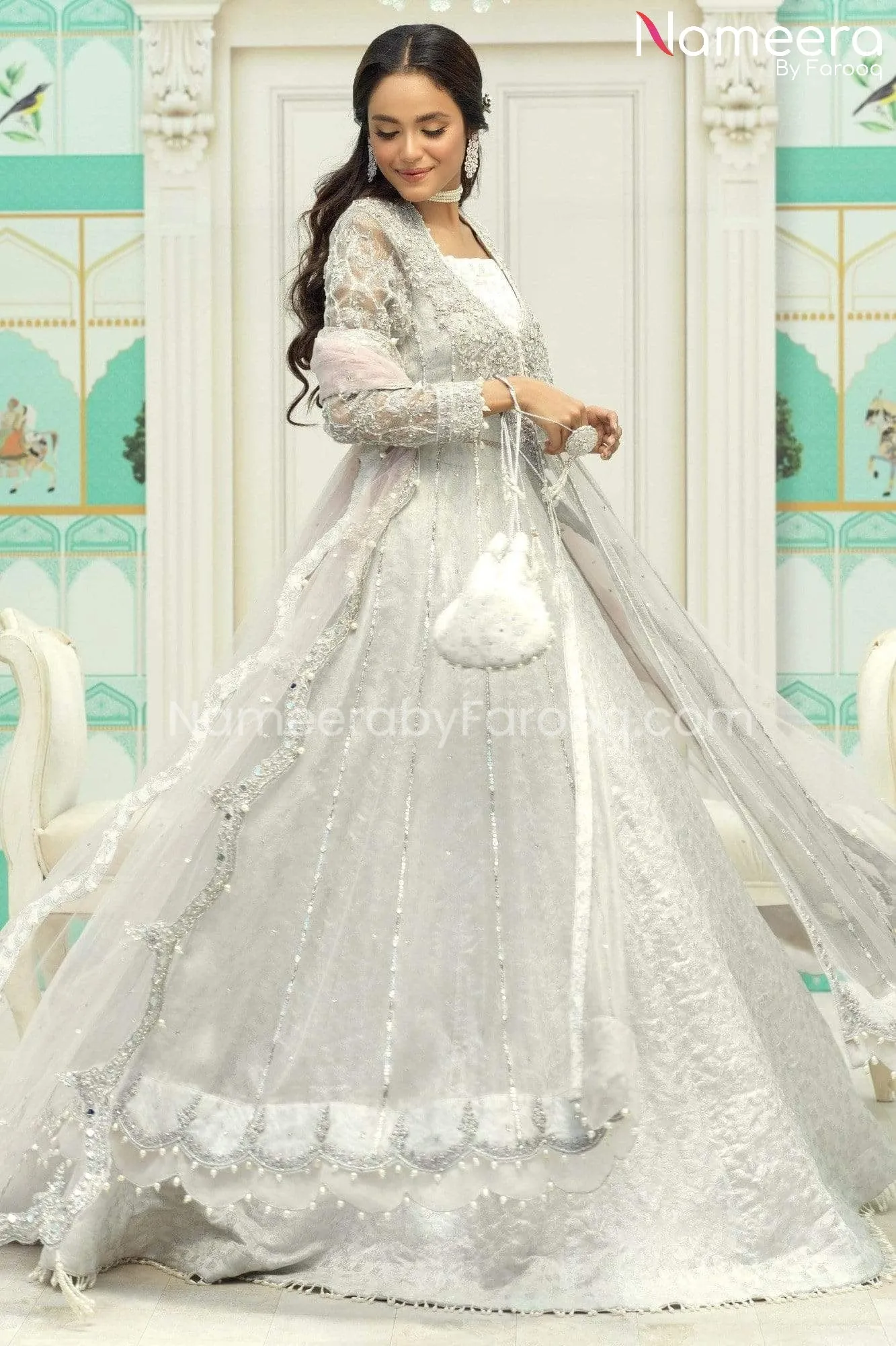 Silver Bridal Dress Pakistani in Lehenga Gown #BS540