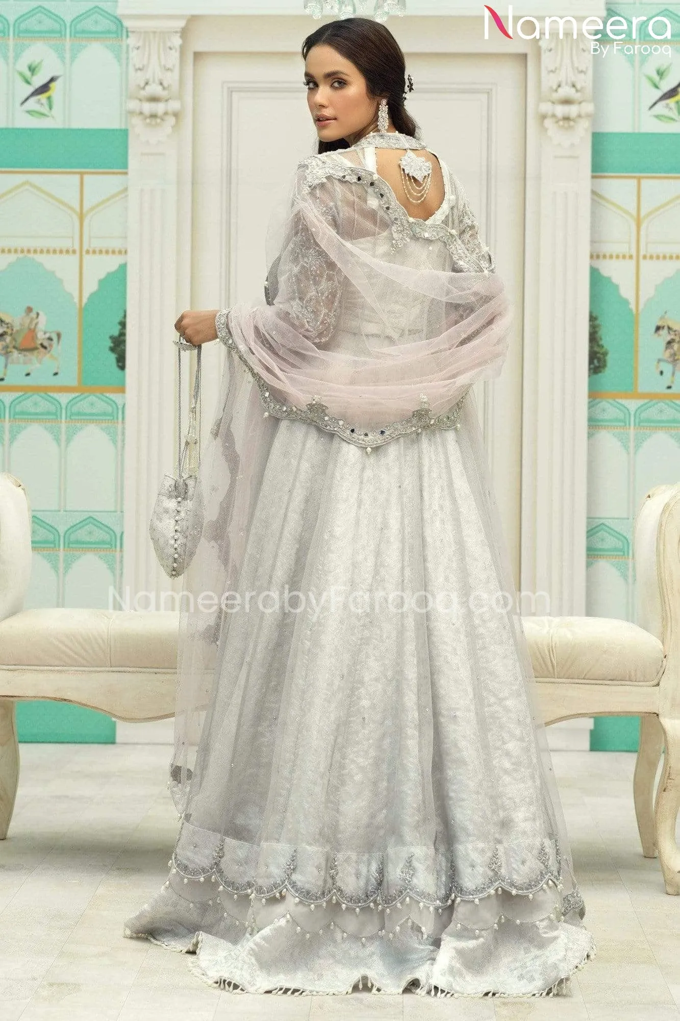 Silver Bridal Dress Pakistani in Lehenga Gown #BS540