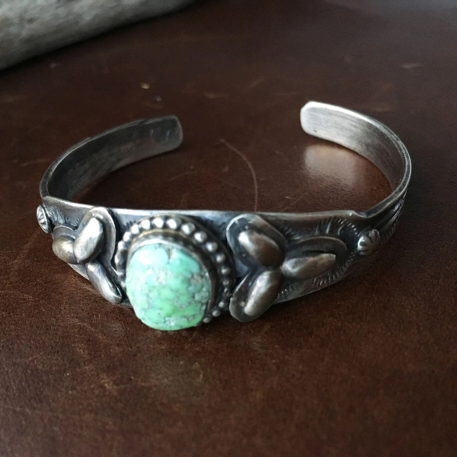 Simple Single Stone Carico Lake Turquoise Stamped Sterling Overlay Bracelet
