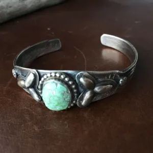 Simple Single Stone Carico Lake Turquoise Stamped Sterling Overlay Bracelet