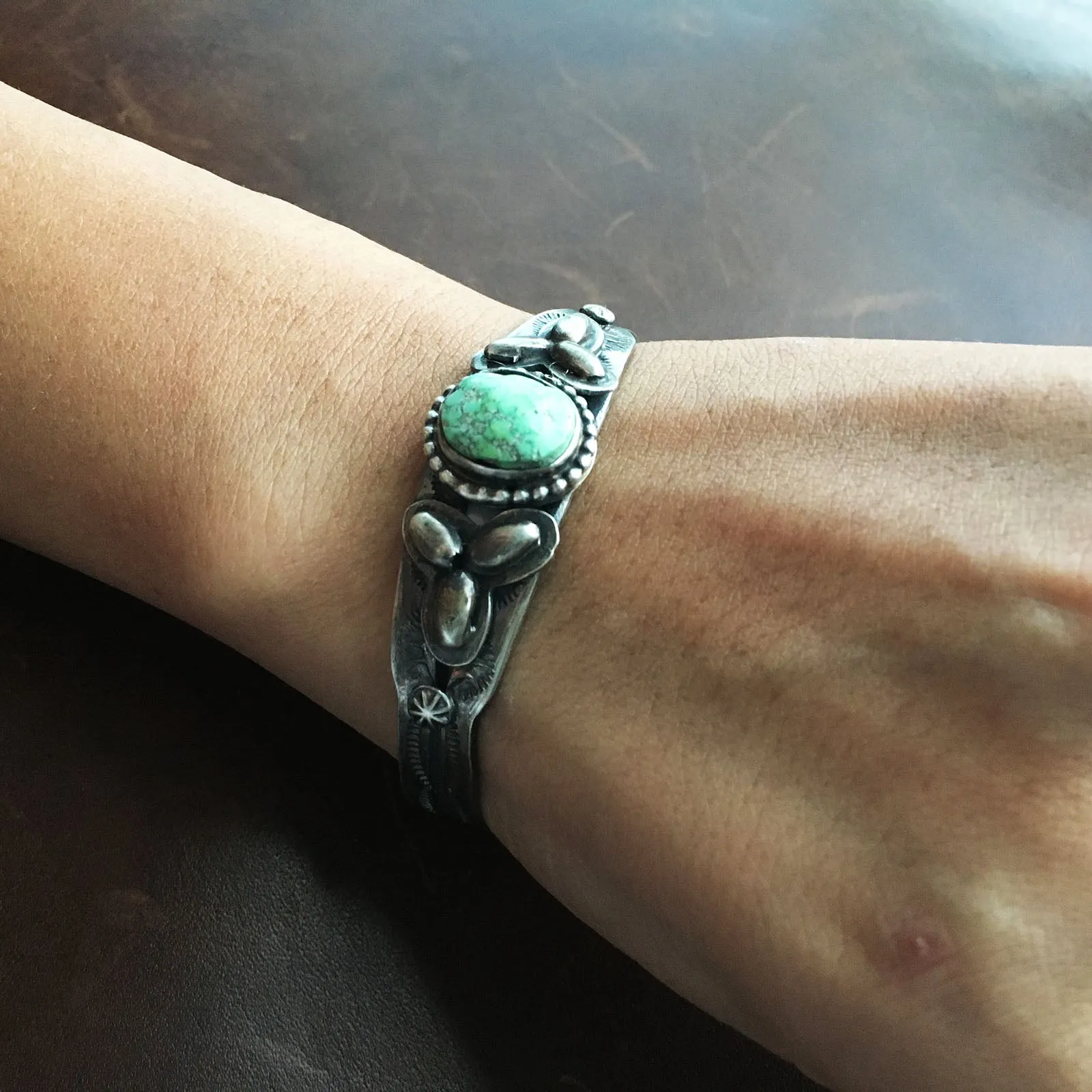 Simple Single Stone Carico Lake Turquoise Stamped Sterling Overlay Bracelet