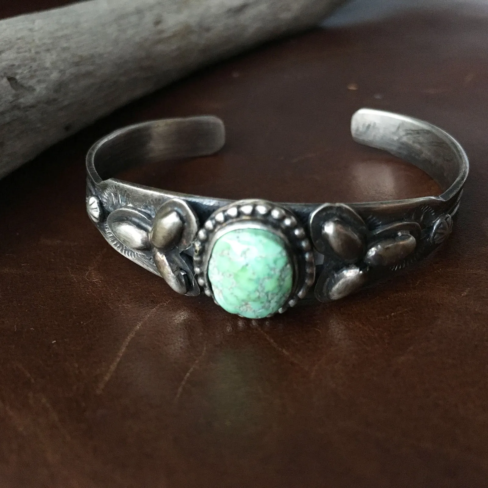 Simple Single Stone Carico Lake Turquoise Stamped Sterling Overlay Bracelet