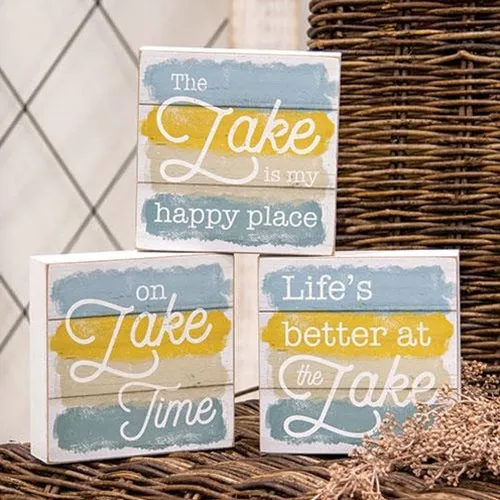 Small blue & yellow wooden lake box sign