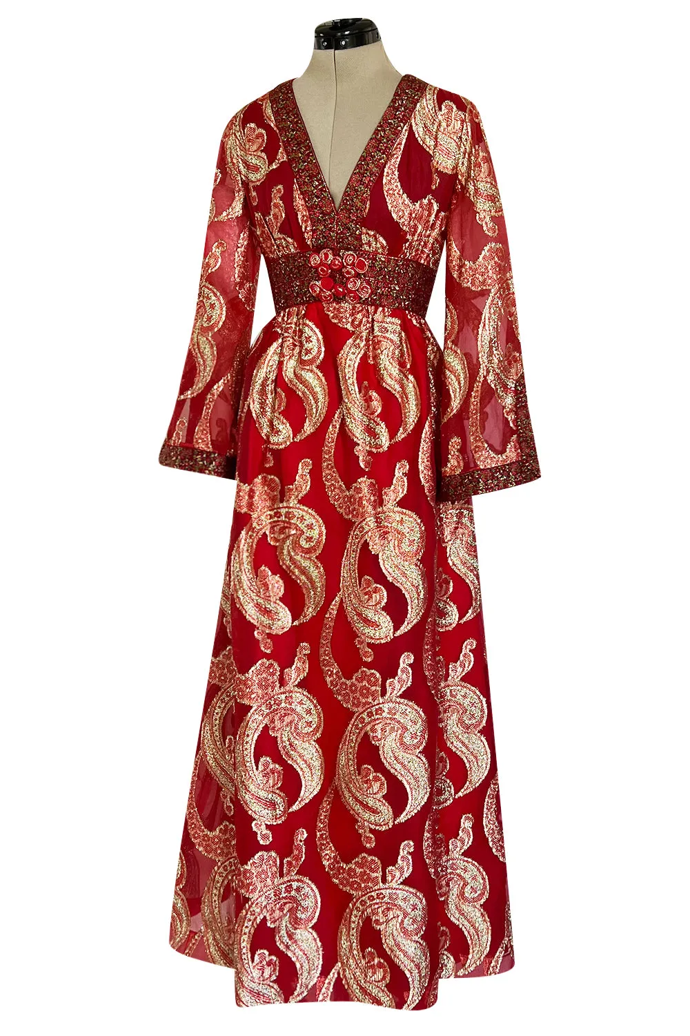 Spectacular 1970s Bill Blass Red Organza & Gold Metallic Applique Dress