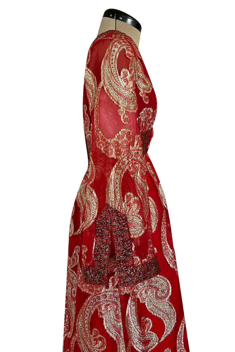 Spectacular 1970s Bill Blass Red Organza & Gold Metallic Applique Dress