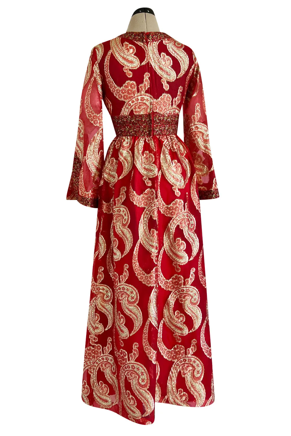 Spectacular 1970s Bill Blass Red Organza & Gold Metallic Applique Dress