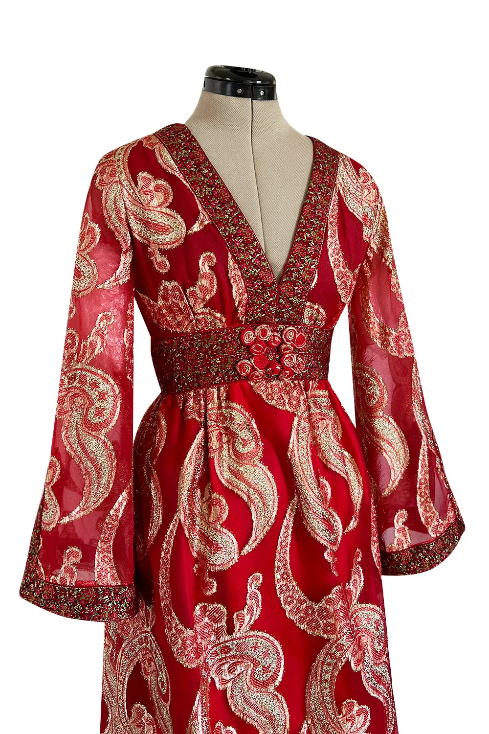 Spectacular 1970s Bill Blass Red Organza & Gold Metallic Applique Dress