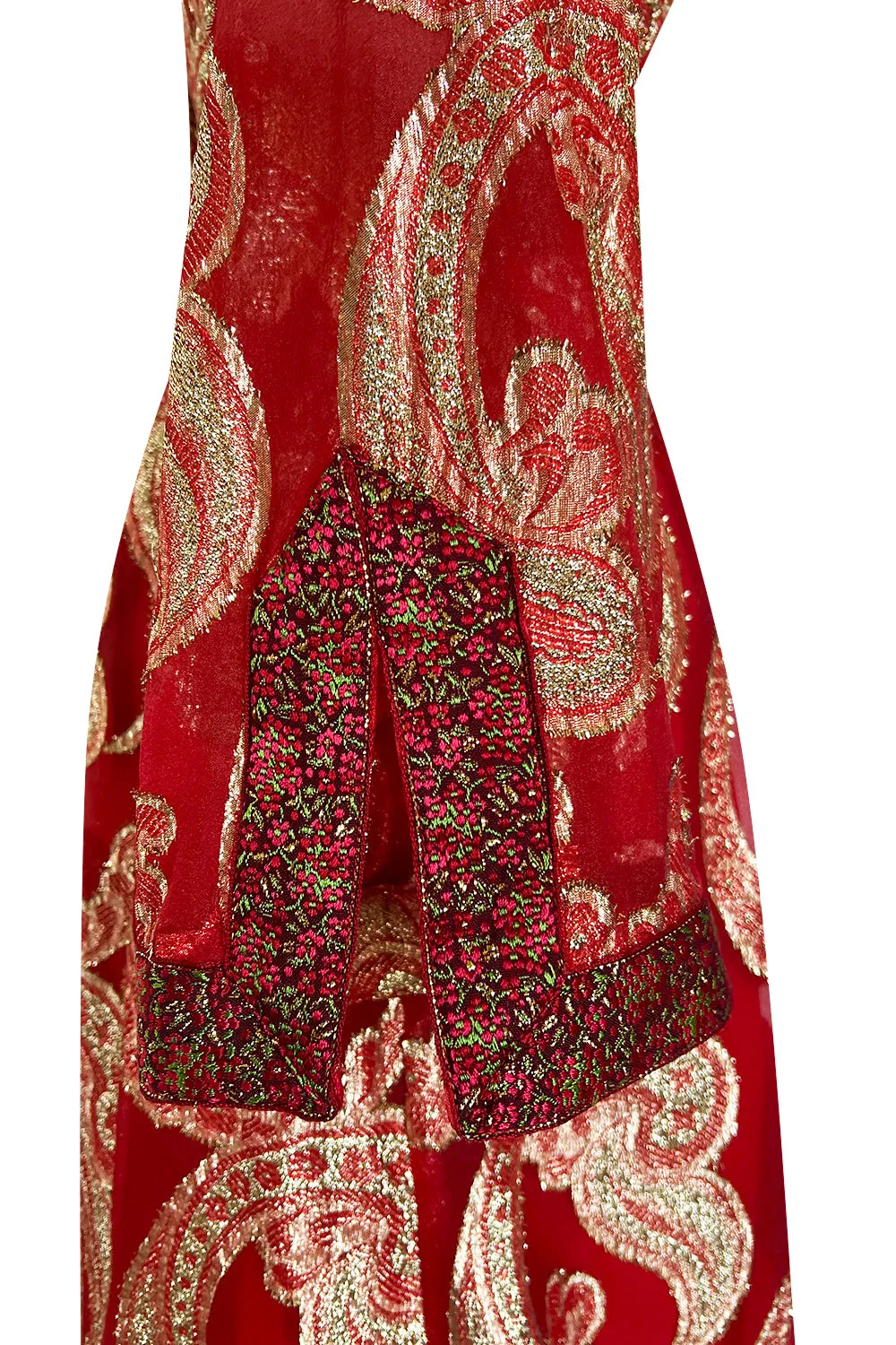 Spectacular 1970s Bill Blass Red Organza & Gold Metallic Applique Dress
