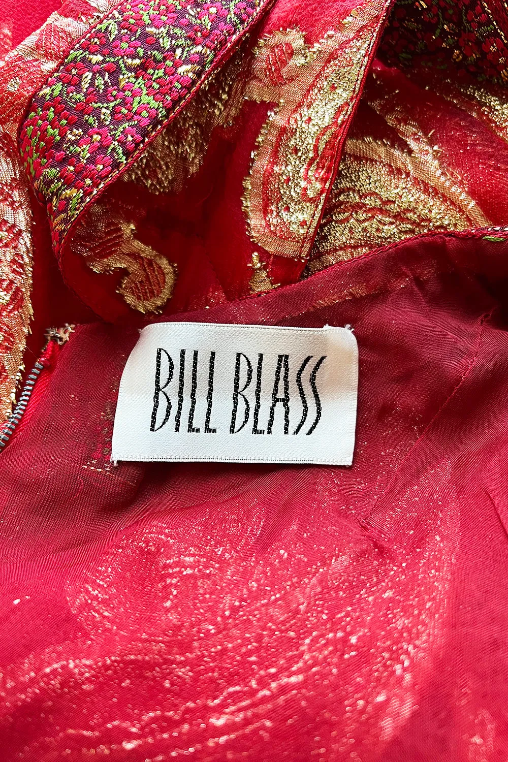 Spectacular 1970s Bill Blass Red Organza & Gold Metallic Applique Dress