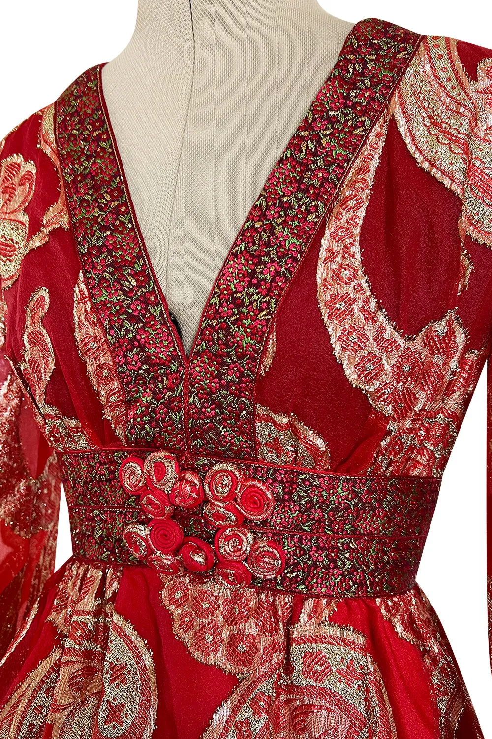 Spectacular 1970s Bill Blass Red Organza & Gold Metallic Applique Dress