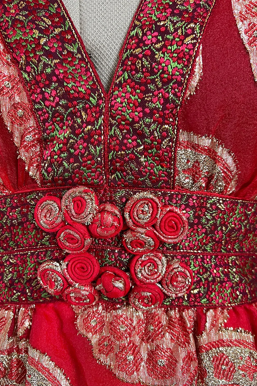 Spectacular 1970s Bill Blass Red Organza & Gold Metallic Applique Dress