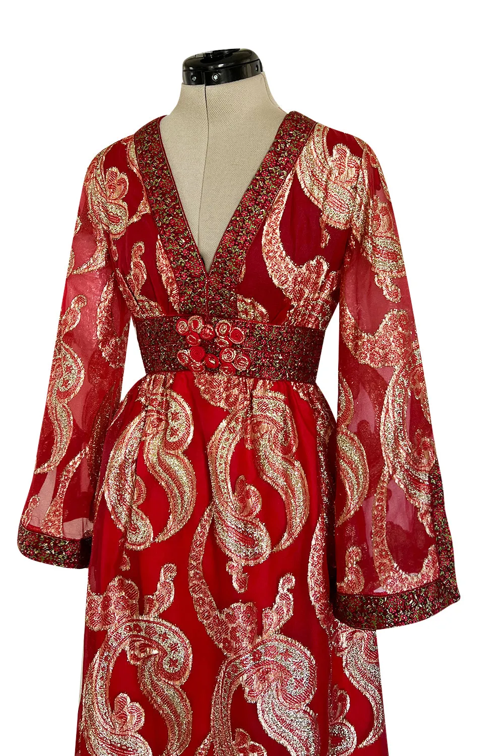 Spectacular 1970s Bill Blass Red Organza & Gold Metallic Applique Dress