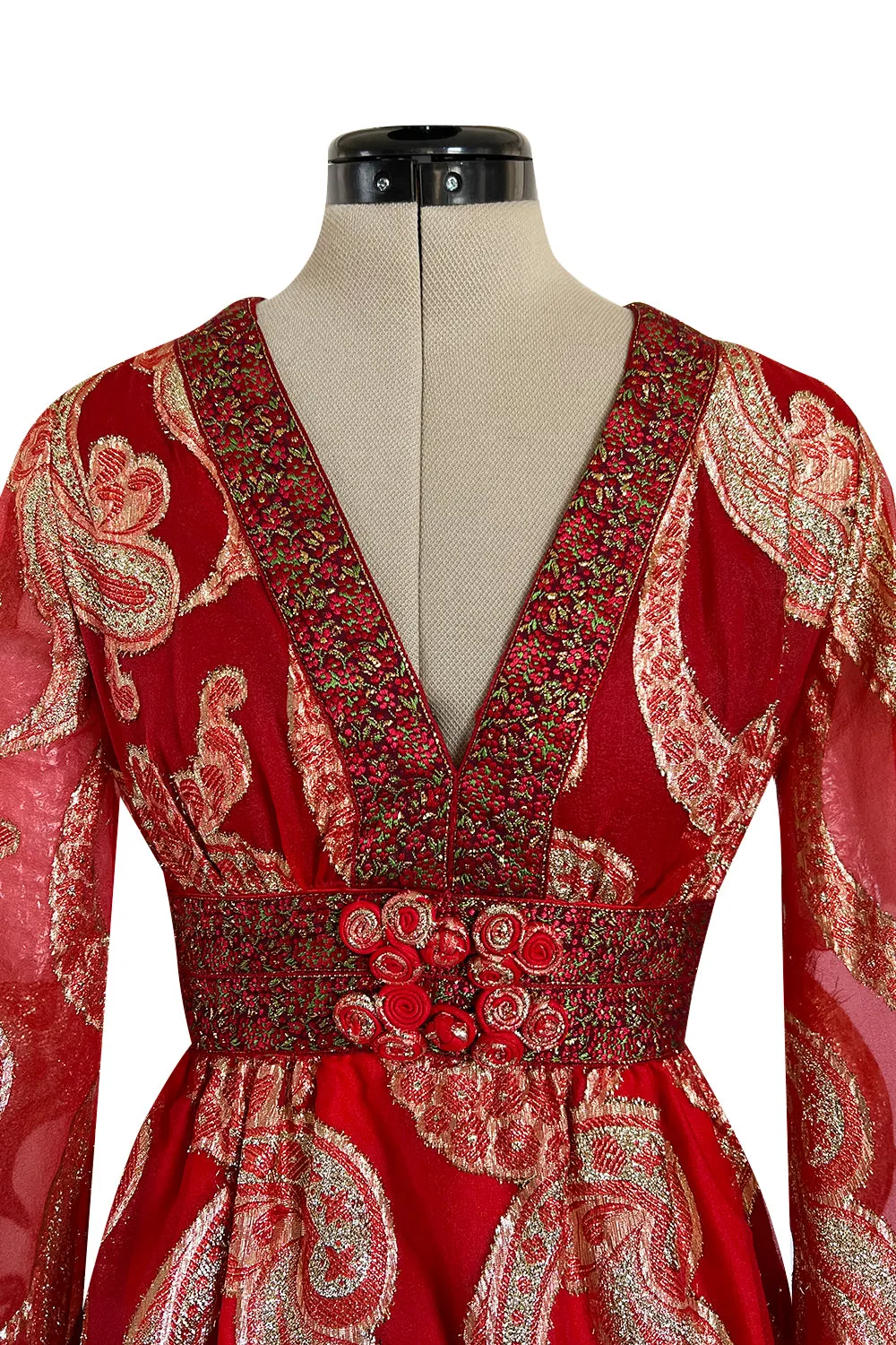 Spectacular 1970s Bill Blass Red Organza & Gold Metallic Applique Dress