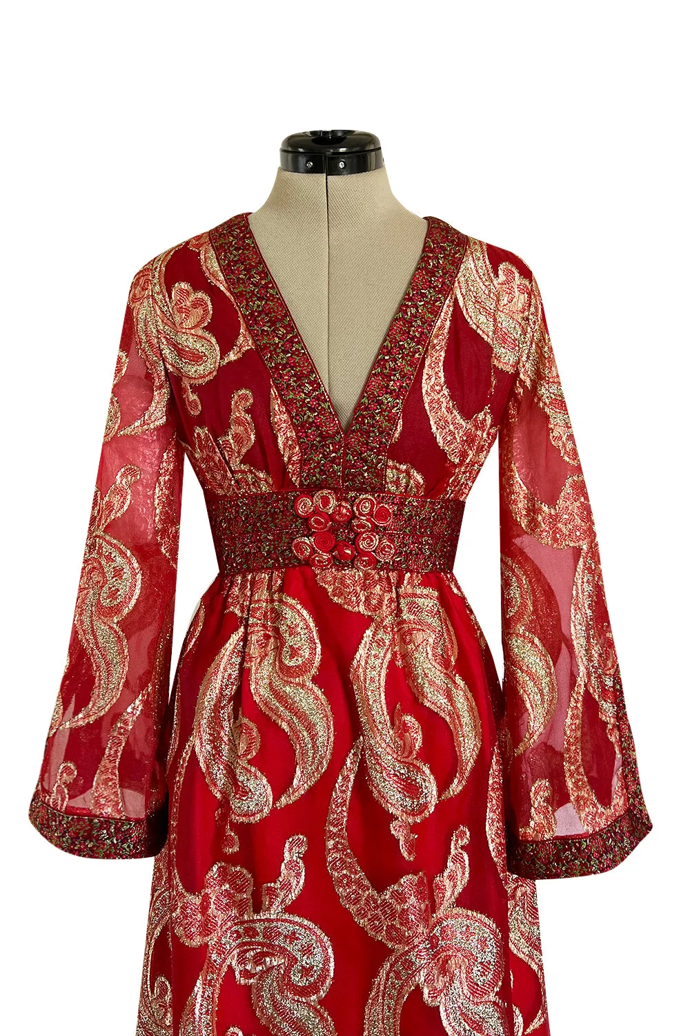 Spectacular 1970s Bill Blass Red Organza & Gold Metallic Applique Dress