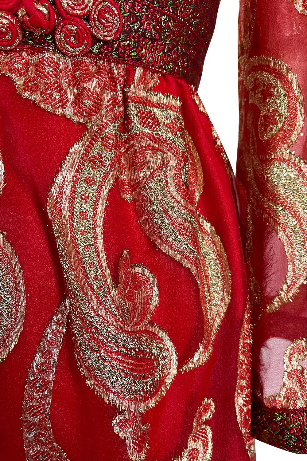 Spectacular 1970s Bill Blass Red Organza & Gold Metallic Applique Dress