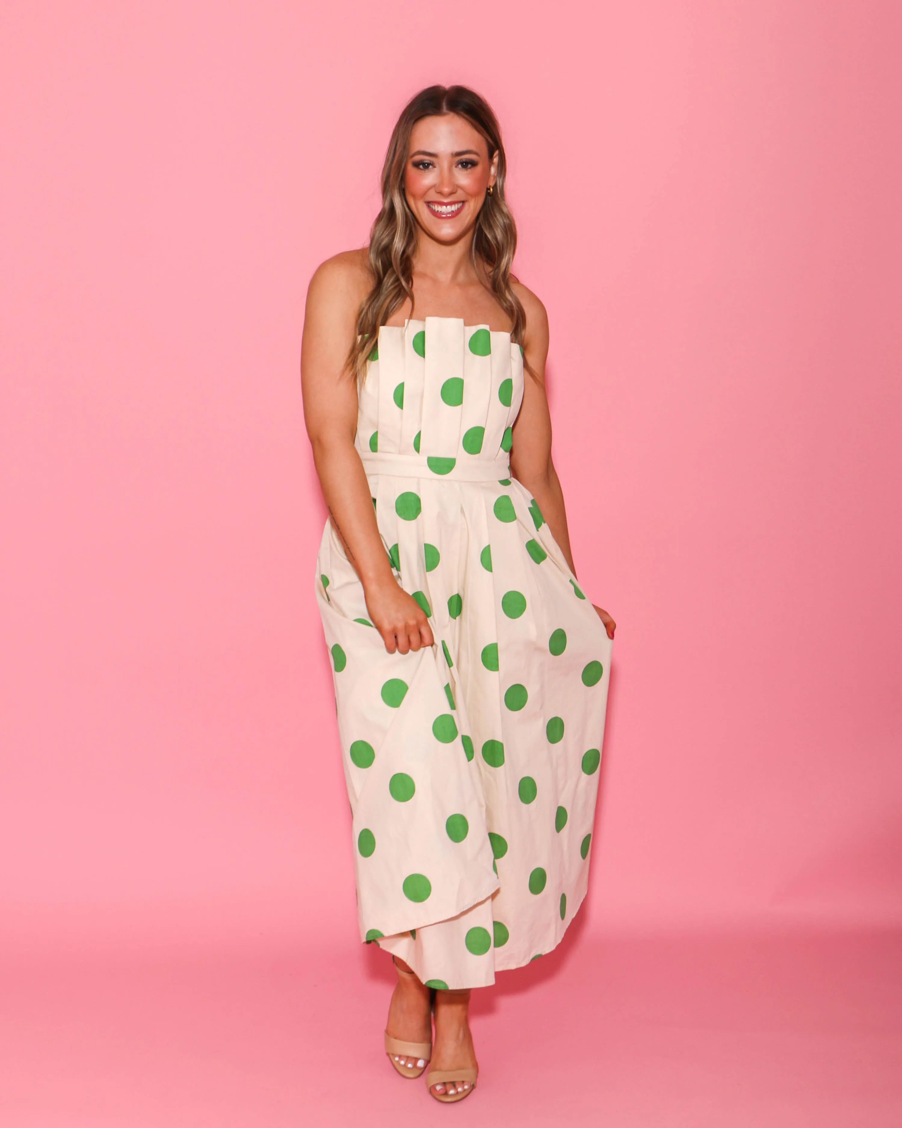 Strapless Green Polka Dot Midi Dress