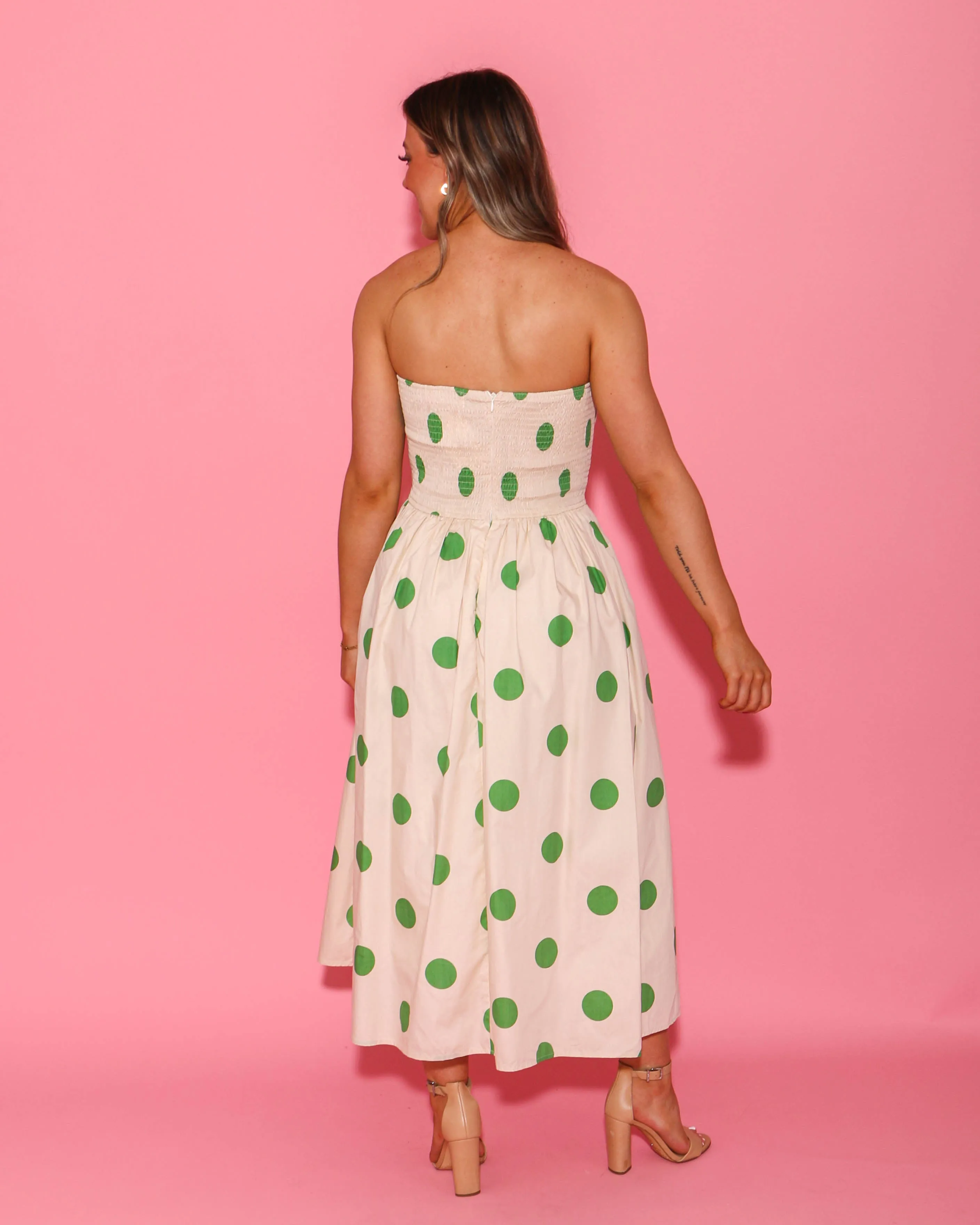 Strapless Green Polka Dot Midi Dress