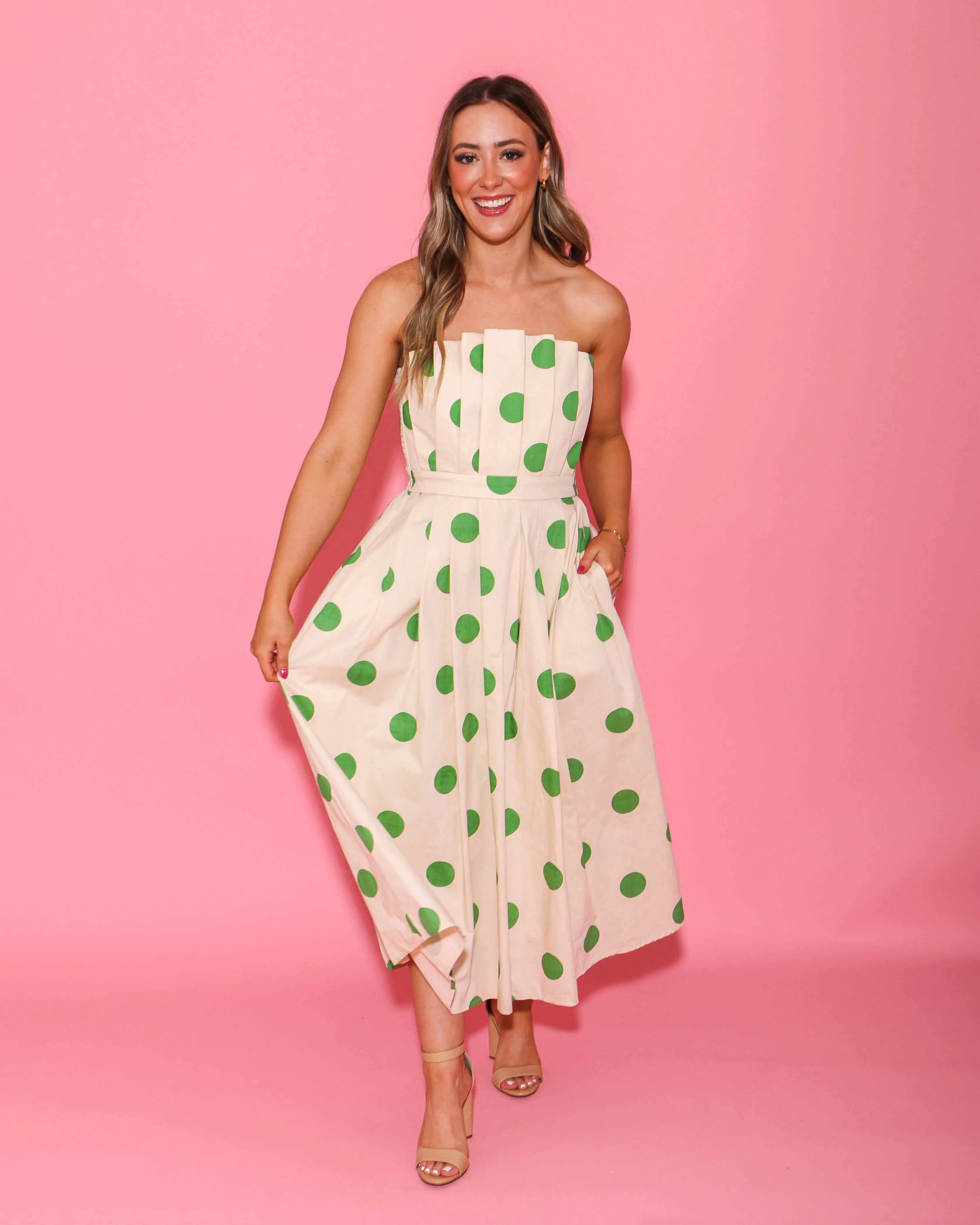 Strapless Green Polka Dot Midi Dress