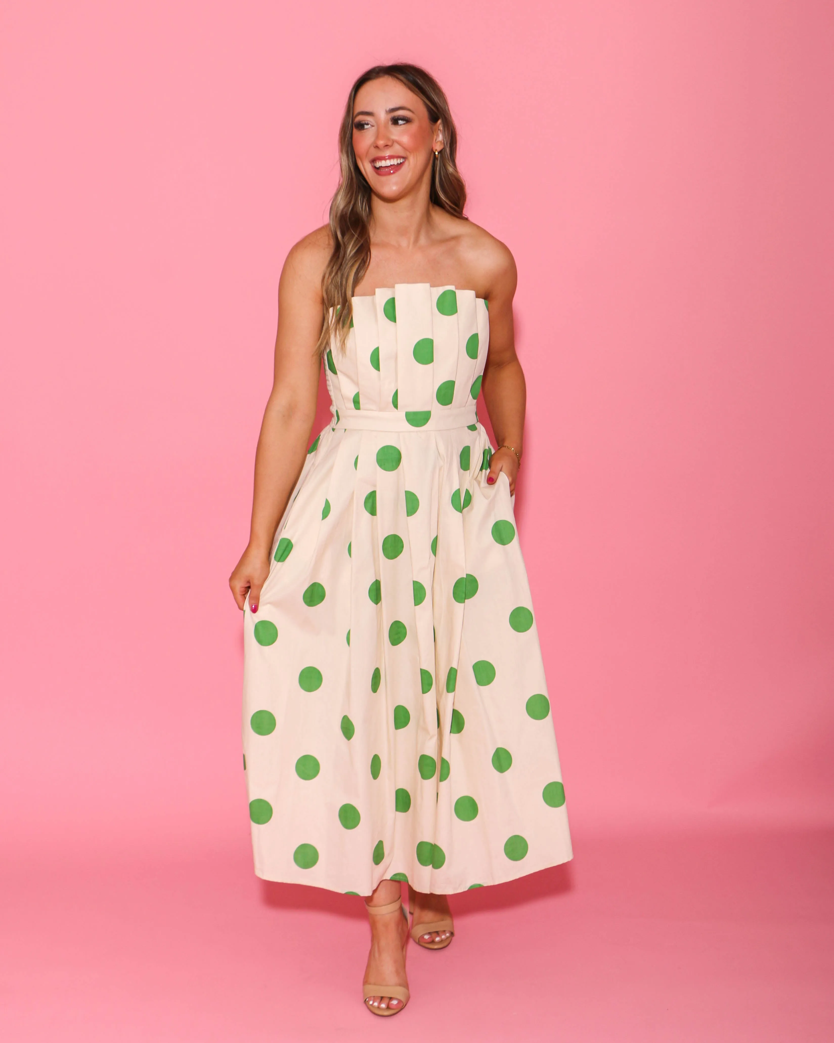 Strapless Green Polka Dot Midi Dress