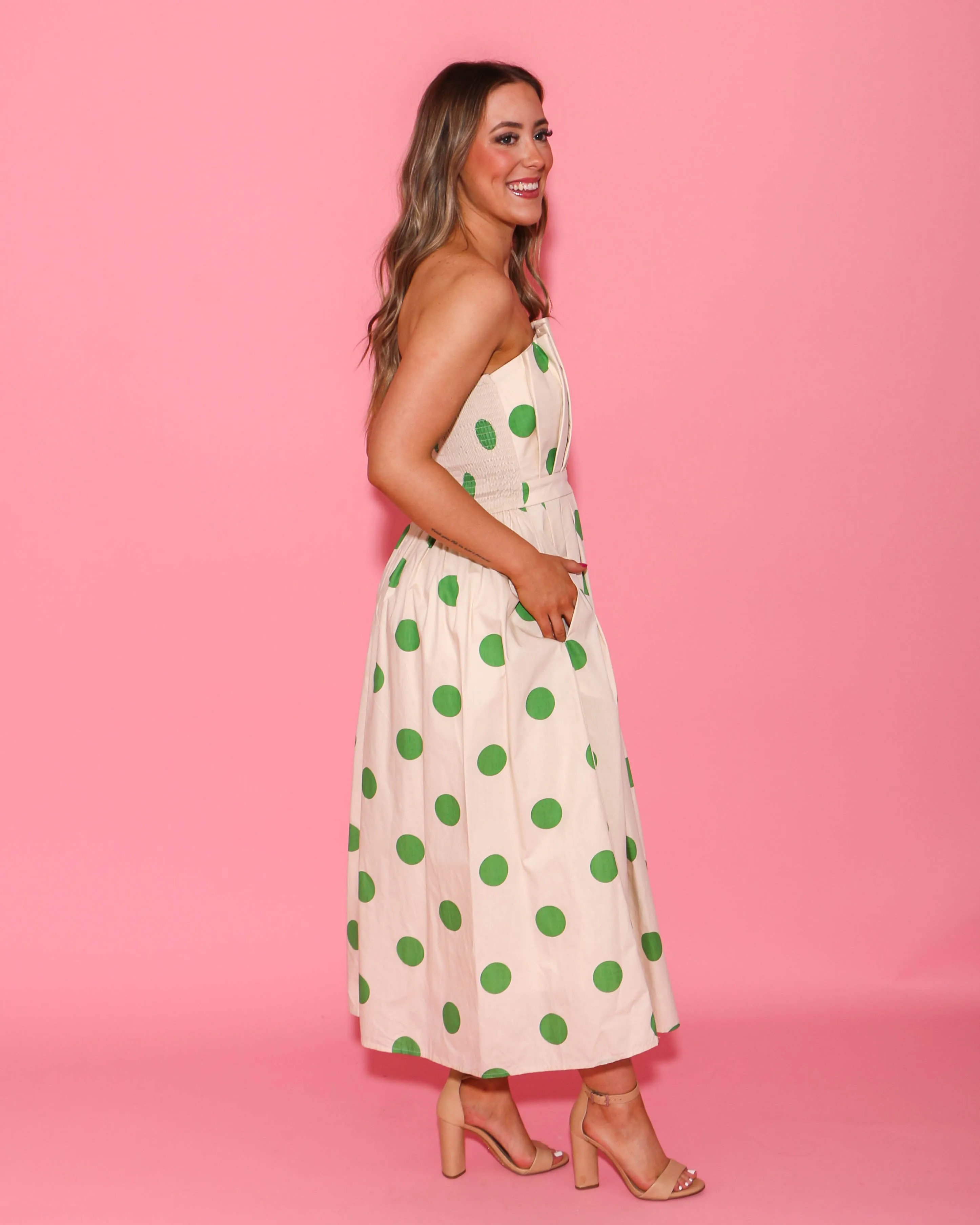 Strapless Green Polka Dot Midi Dress