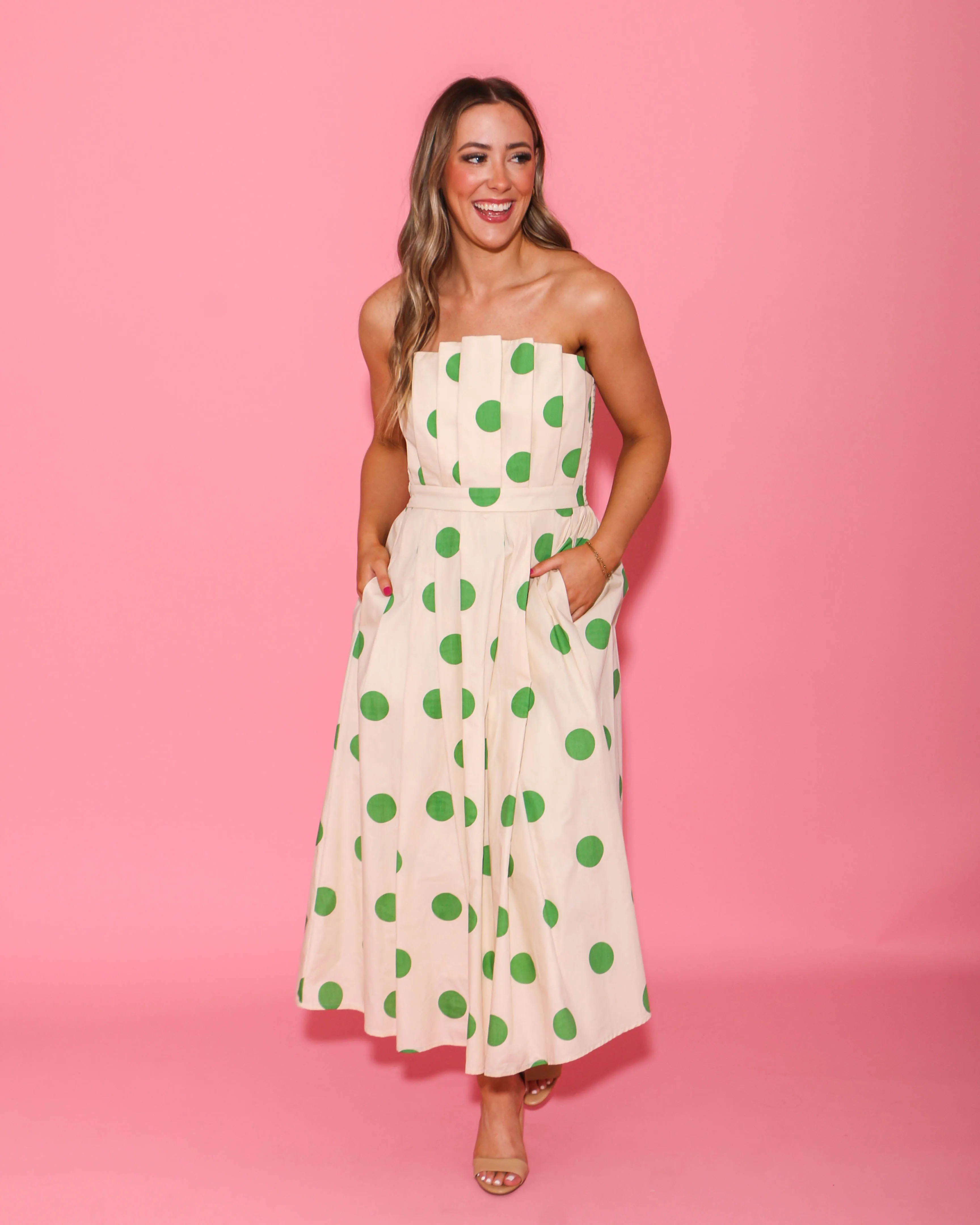 Strapless Green Polka Dot Midi Dress