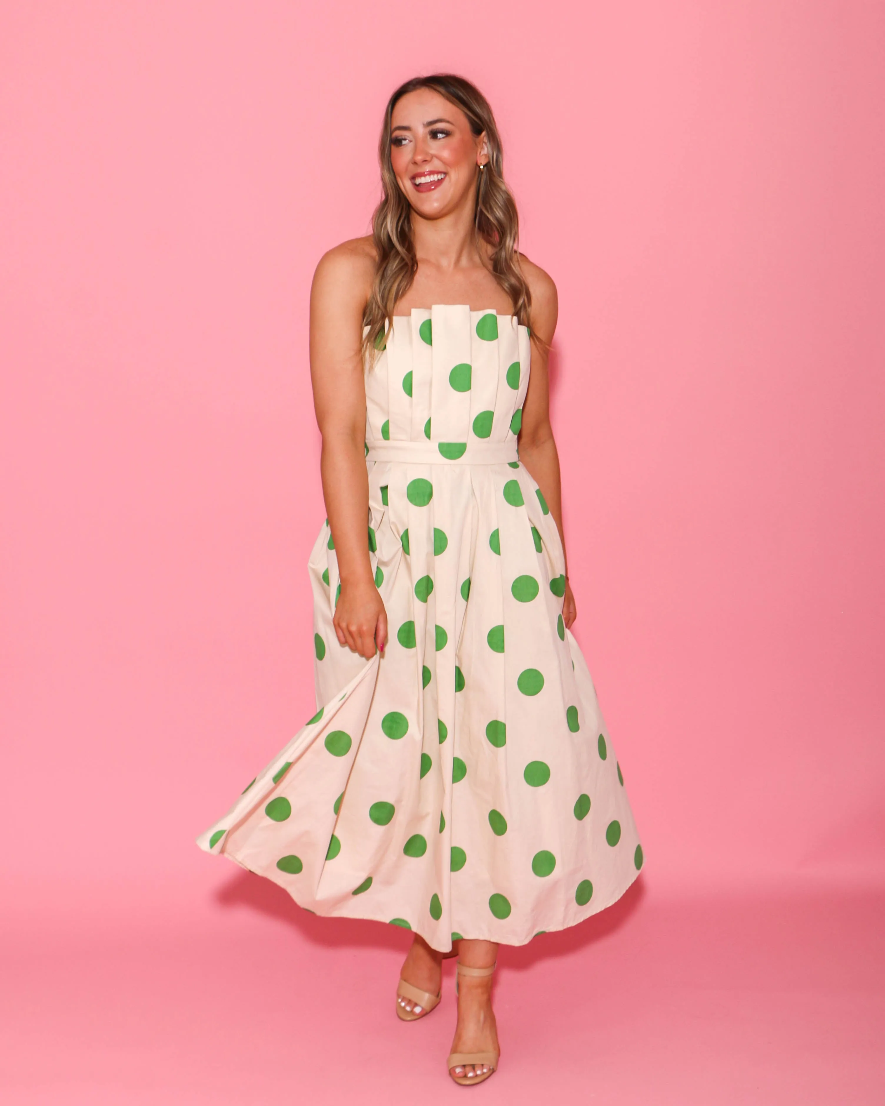 Strapless Green Polka Dot Midi Dress