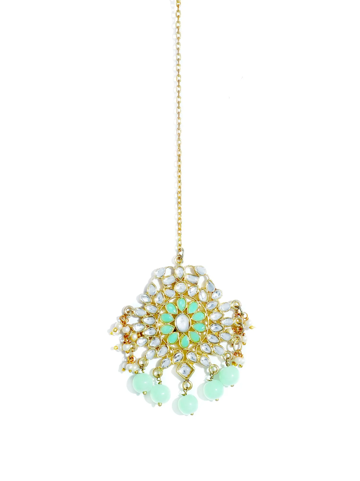 Traditional Gold Plated Mint Green Beads Kundan Maangtikka for Women