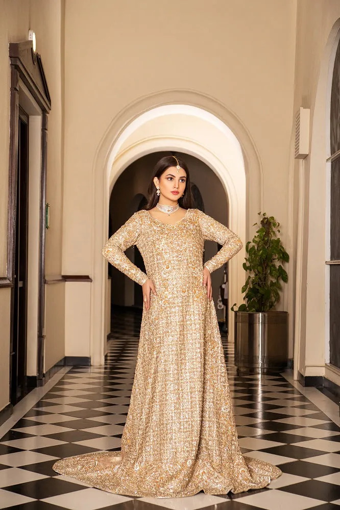 Traditional Pakistani Bridal Dress in Golden Maxi Style