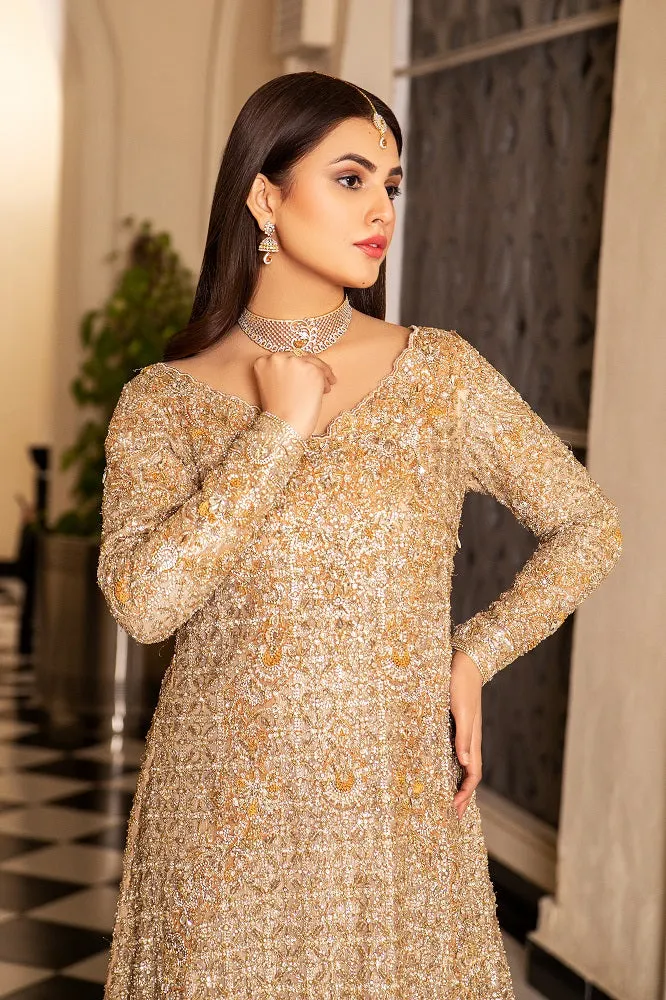 Traditional Pakistani Bridal Dress in Golden Maxi Style