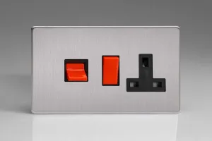 Varilight 45A Cooker Panel with 13A Double Pole Switched Plug Socket Outlet (Red Rocker) Brushed Steel XDS45PBS