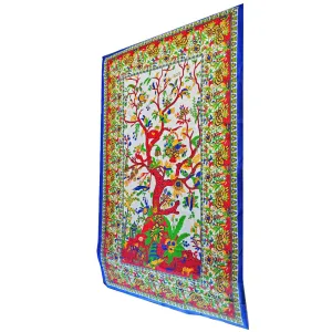 White Tree of Life Wall Decor with Birds Twin Size Tapestry
