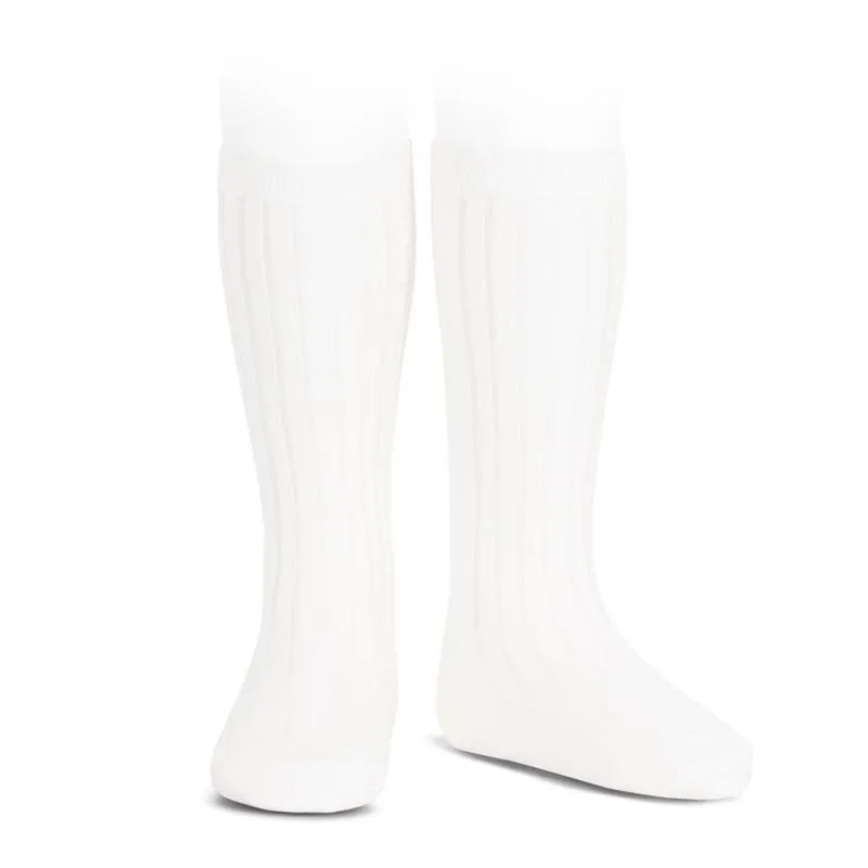 White Wide Ribbed Knee High Socks