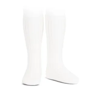 White Wide Ribbed Knee High Socks