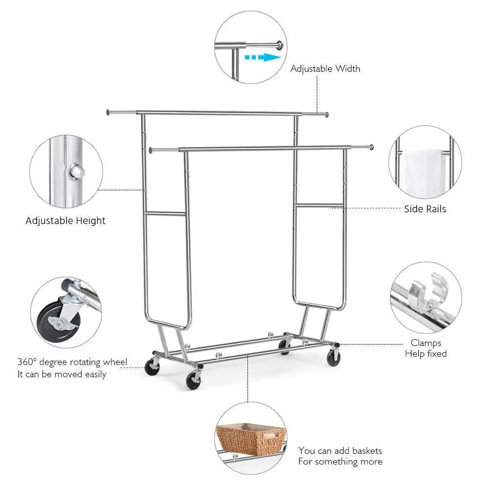 Yaheetech Commercial Grade Garment Rack Rolling Collapsible Rack Hanger Holder Heavy Duty Double Rail Clothes Rack Extendable Clothes Hanging Rack 2 Omni-Directional Casters w/Brake,250 lb Capacity