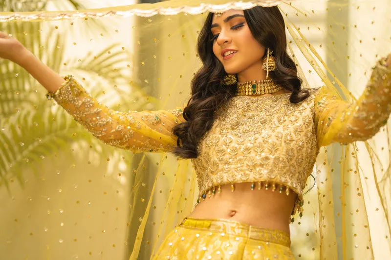 Yellow Pakistani Bridal Dress in Lehenga Choli Style